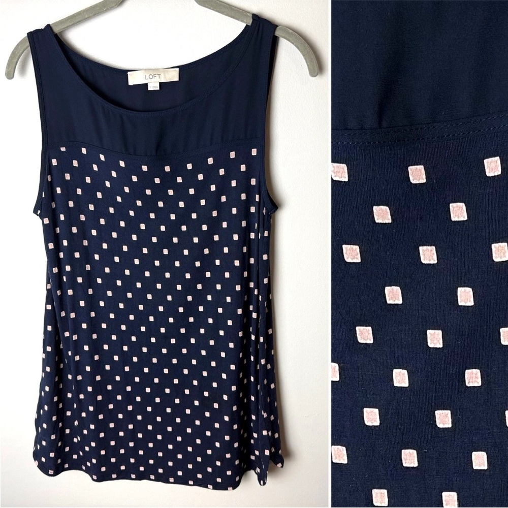 Loft Sleeveless Blouse Size Small Tank Top Navy Blue Pink Squares Soft Main Body